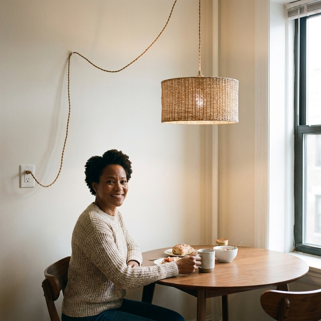 A small apartment dining nook with a plug-in swag pendant hanging over a round table, cord draped neatly to a nearby outlet