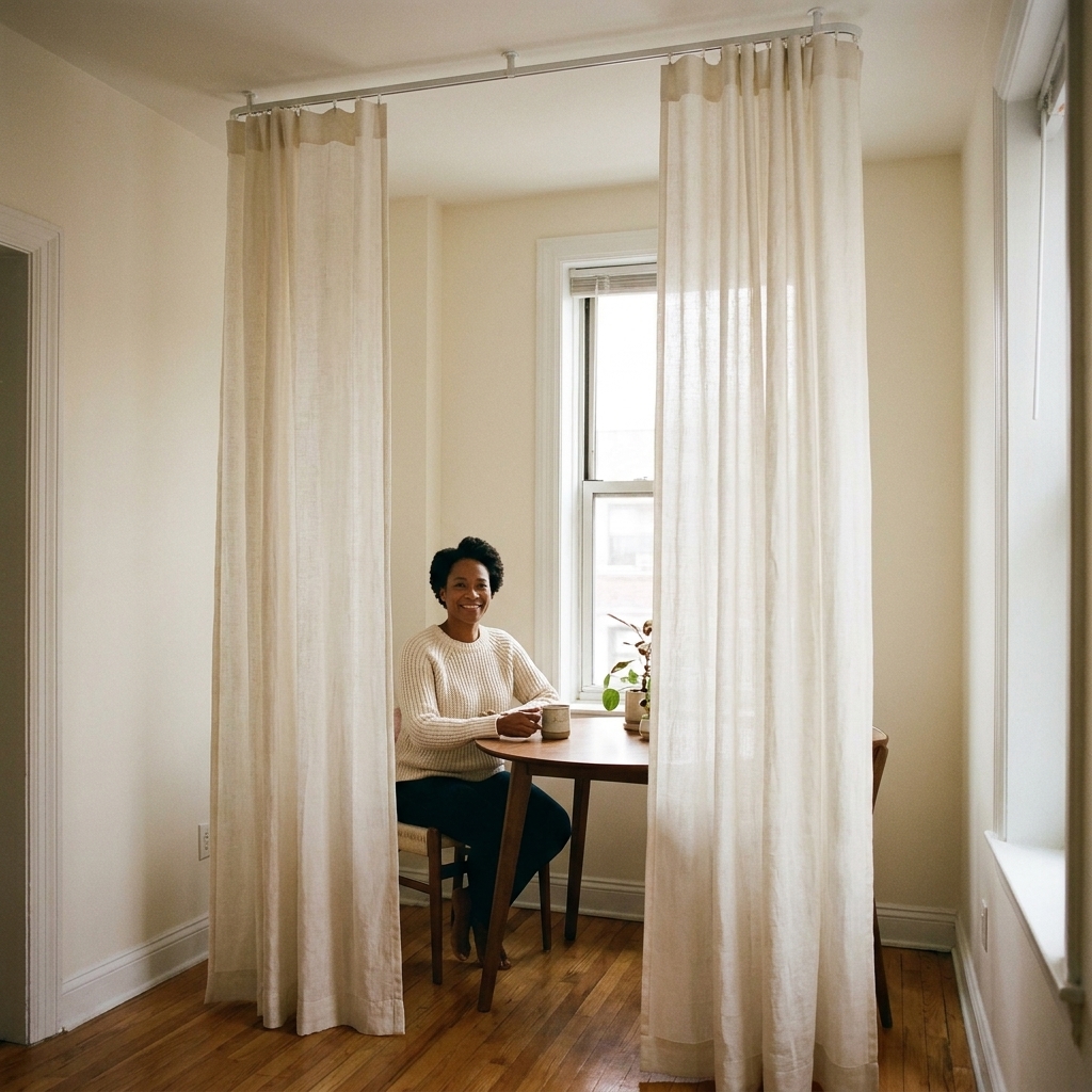 A small apartment dining nook with a white ceiling-mounted curtain track and lightweight off-white curtains hanging straight to the floor