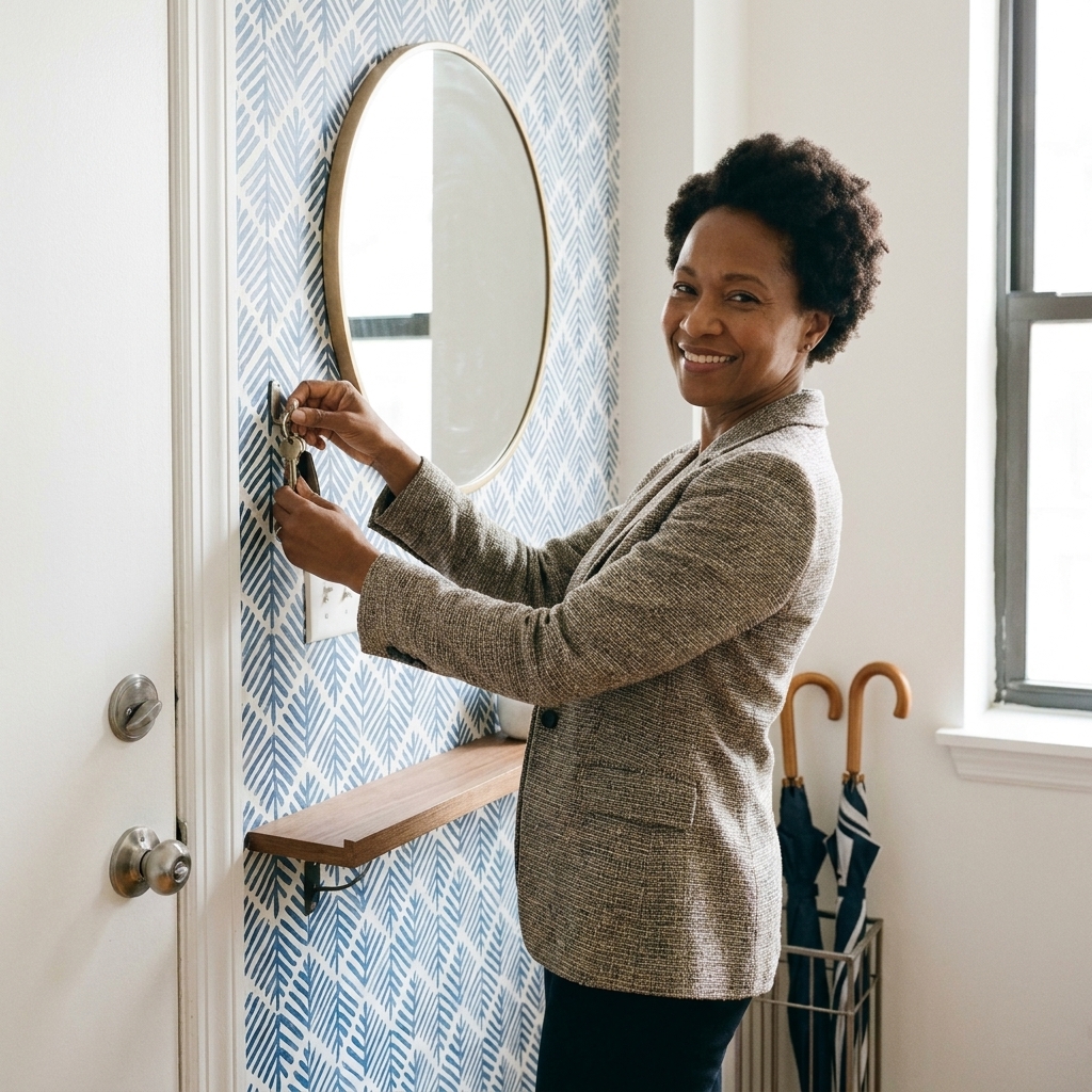 A small apartment entry corner with peel-and-stick wallpaper on one accent wall, a round mirror mounted above a narrow shelf, and a compact umbrella stand by the door
