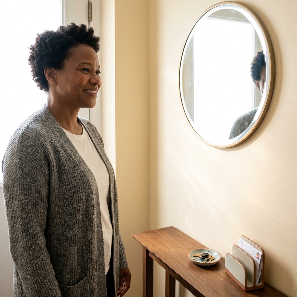 A small apartment entry with a round wall mirror reflecting light from a nearby window, above a very narrow console with a key dish