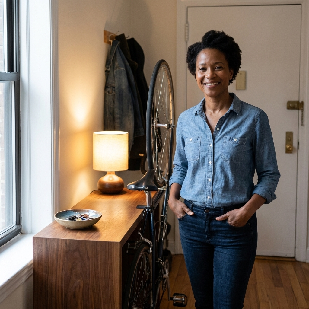A small apartment entryway with a console-style piece of furniture that incorporates bicycle storage, with a bowl for keys and a small lamp on top