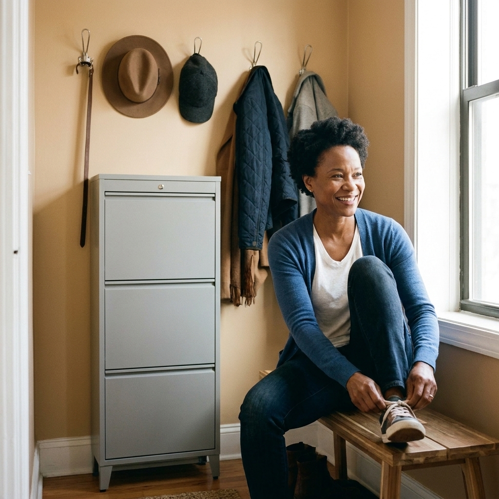 A small apartment entryway with a narrow bench, wall hooks, and a slim shoe cabinet against the wall