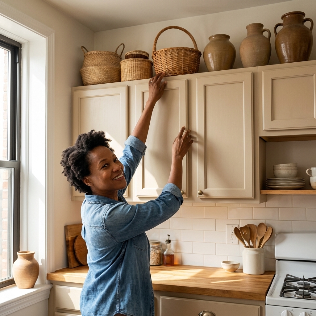 A small apartment kitchen with simple woven baskets and a few large ceramic vases styled neatly above the upper cabinets