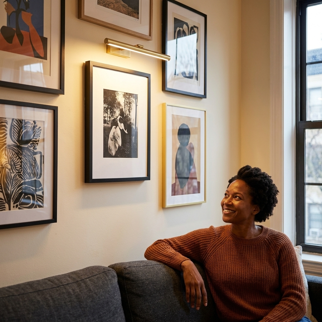 A small apartment living room with a gallery wall and a slim battery-operated picture light above one framed print, creating a warm highlight