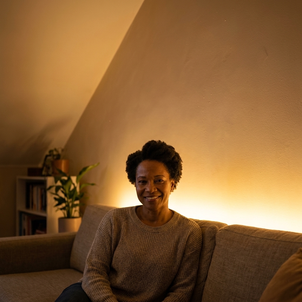 A small apartment living room with a slim LED uplight hidden behind a sofa, washing warm light up the wall toward a low ceiling
