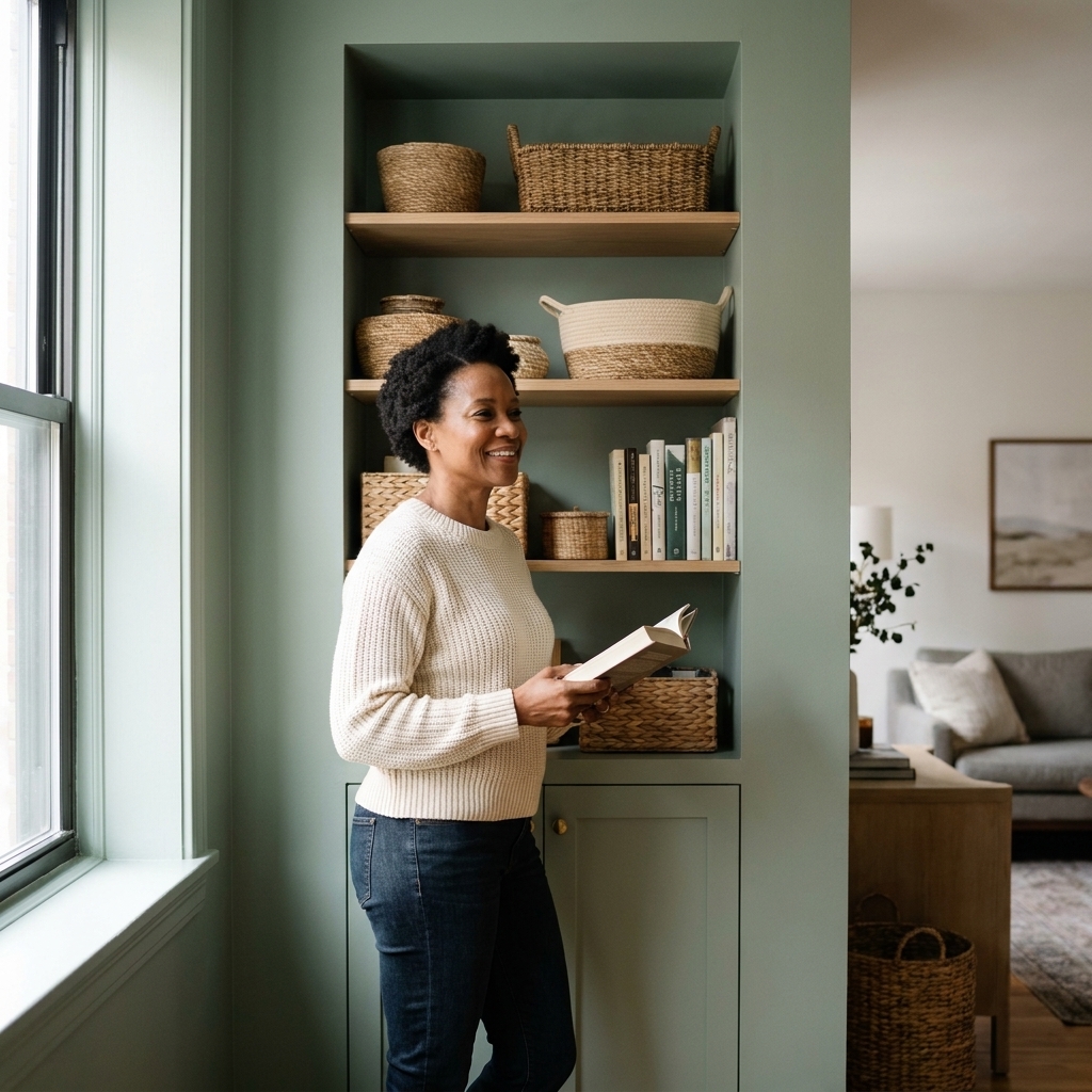 A small apartment nook fitted with a built-in-style cabinet and open shelving, painted to match the wall with baskets tucked inside