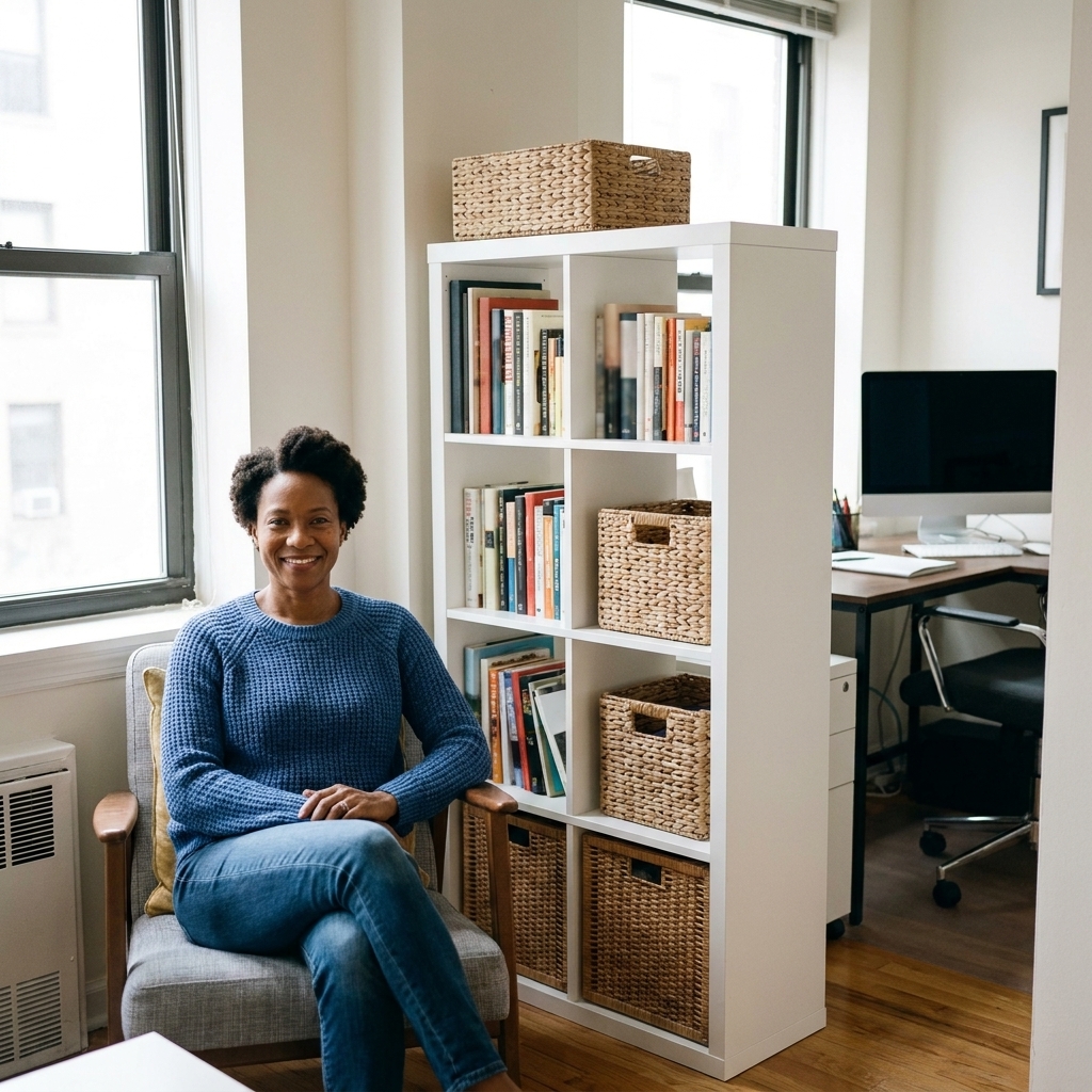 A small apartment with a white open shelving unit placed perpendicular to the wall to divide a workspace from a living area, with books and baskets styled neatly