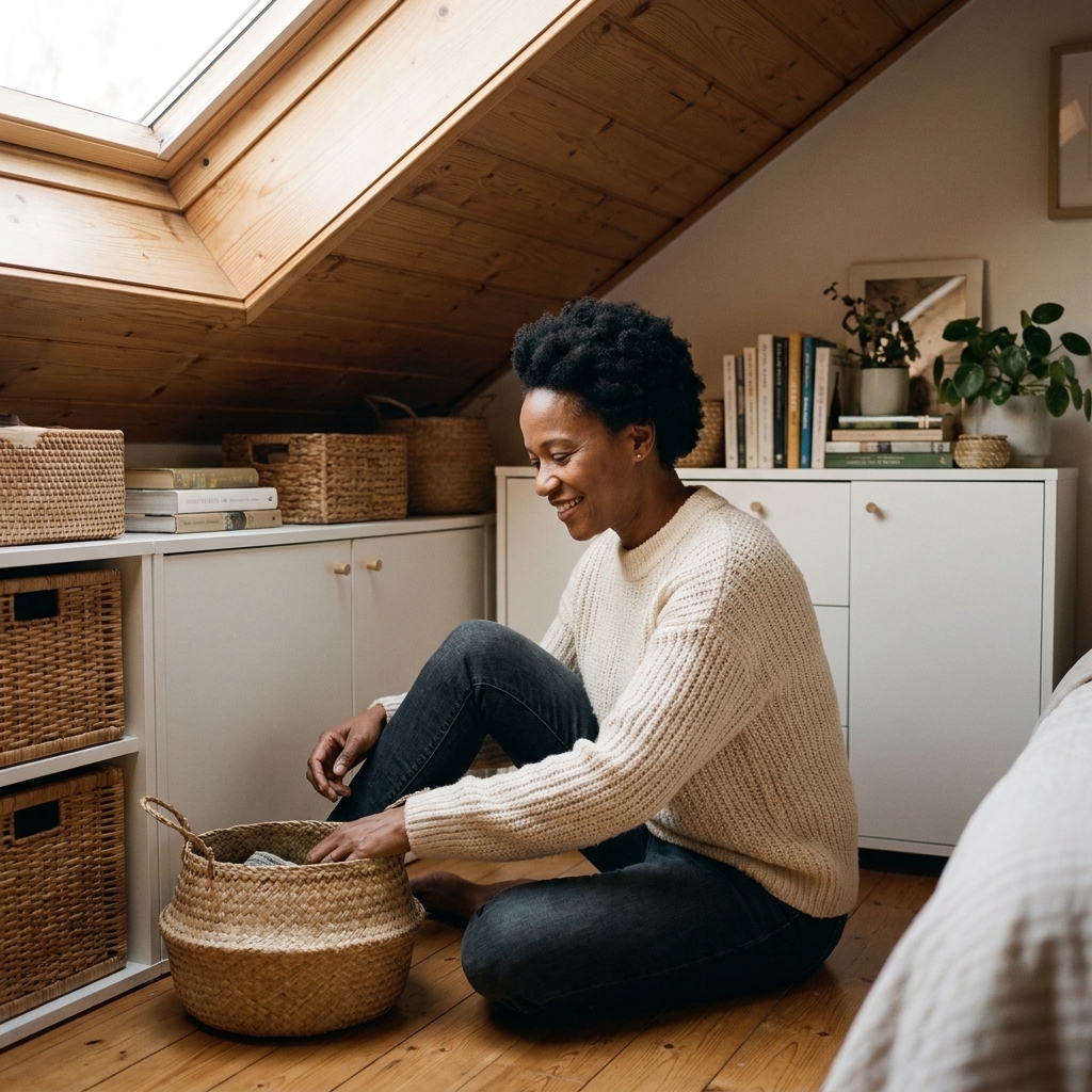 A small attic room with a knee wall lined with low white cabinets and woven baskets, with a slanted ceiling above