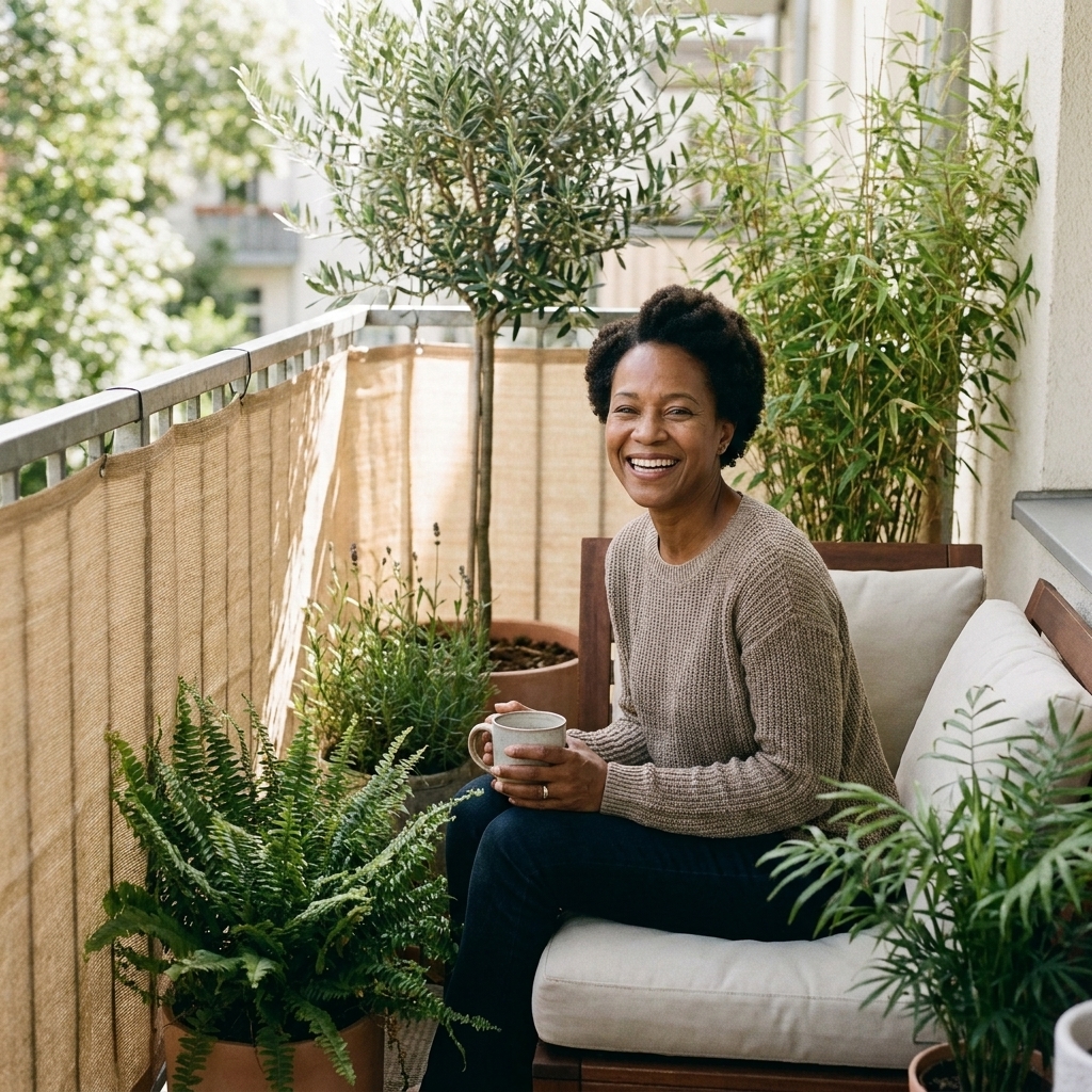 A small balcony with a fabric privacy screen attached to the railing and a row of tall potted plants creating a cozy, secluded seating nook