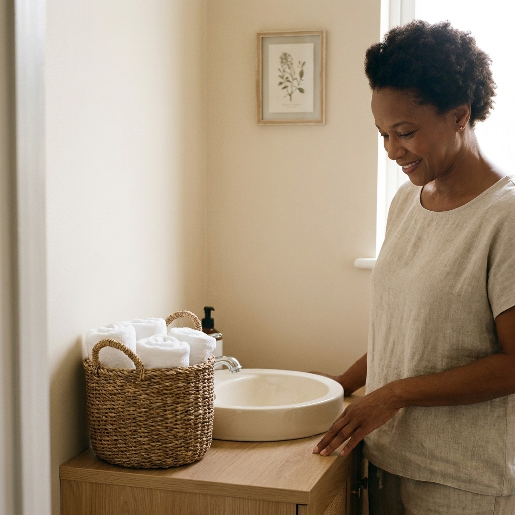 A small bathroom corner with a woven basket holding rolled white towels next to a compact sink, styled with a simple neutral palette