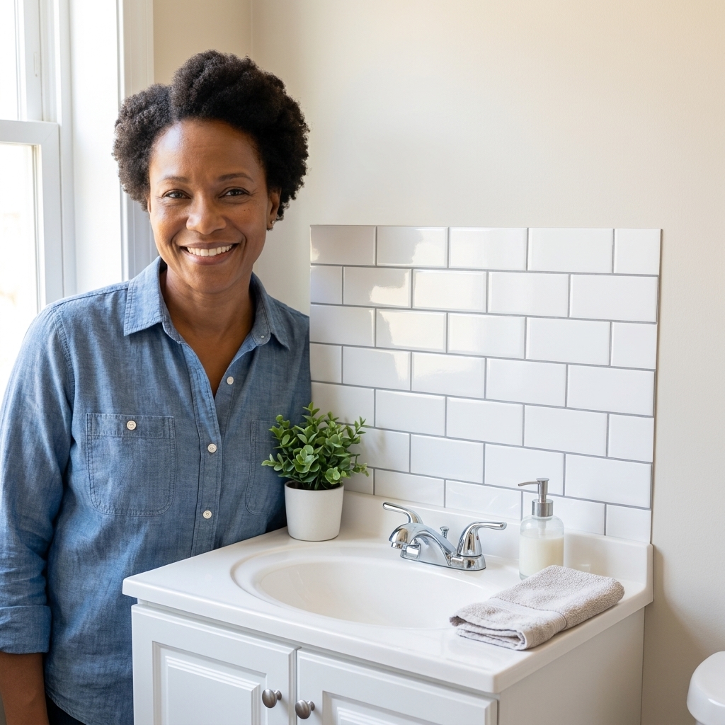 A small bathroom vanity with a simple peel-and-stick white tile backsplash installed behind the sink, making the area look cleaner and brighter