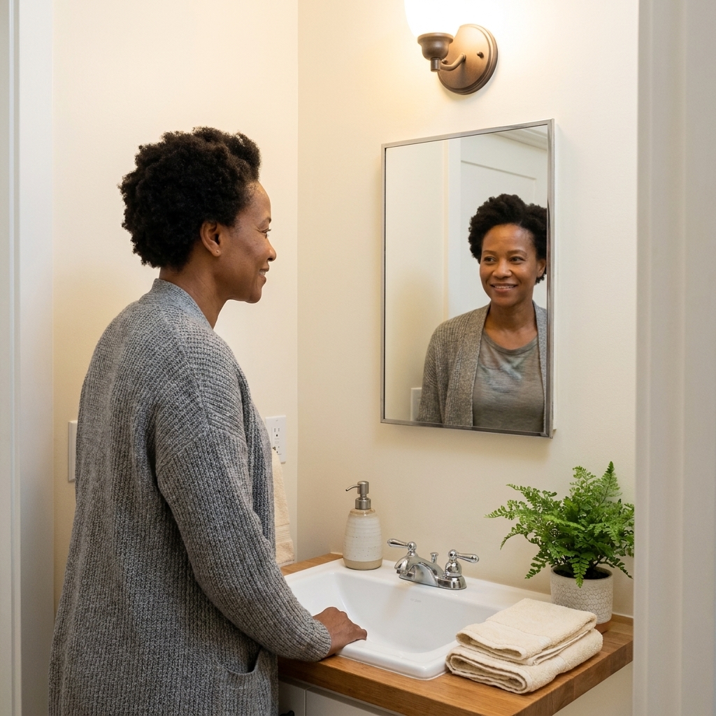 A small bathroom with a recessed-style mirrored medicine cabinet above a compact sink, a simple sconce light, and neatly styled countertop