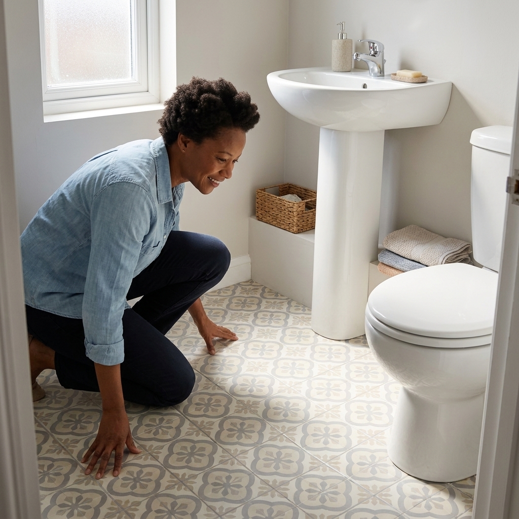 A small bathroom with modern peel-and-stick floor tile decals in a light neutral pattern installed around a pedestal sink and toilet, photographed in natural light