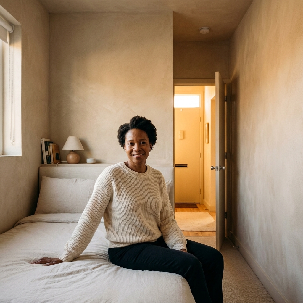 A small bedroom nook with the bed headboard against a wall and a clear view toward the entry, with a narrow walkway beside the bed and minimal clutter.