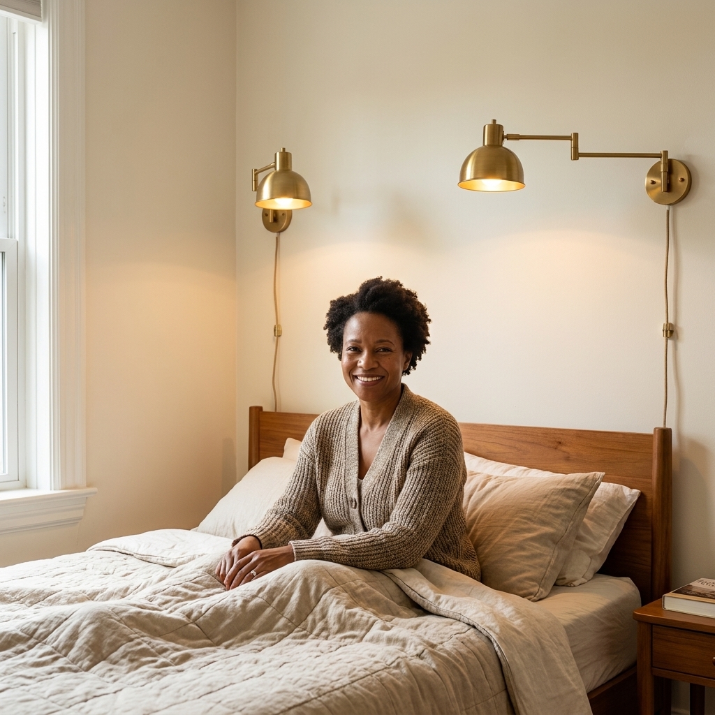 A small bedroom with a bed in the corner and two plug-in wall sconces mounted above, with cords neatly routed down the wall