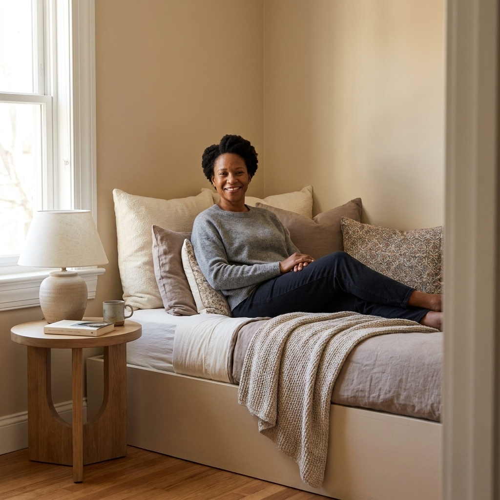A small bedroom with a daybed along the wall styled with layered pillows and a throw, plus a small round side table at the corner