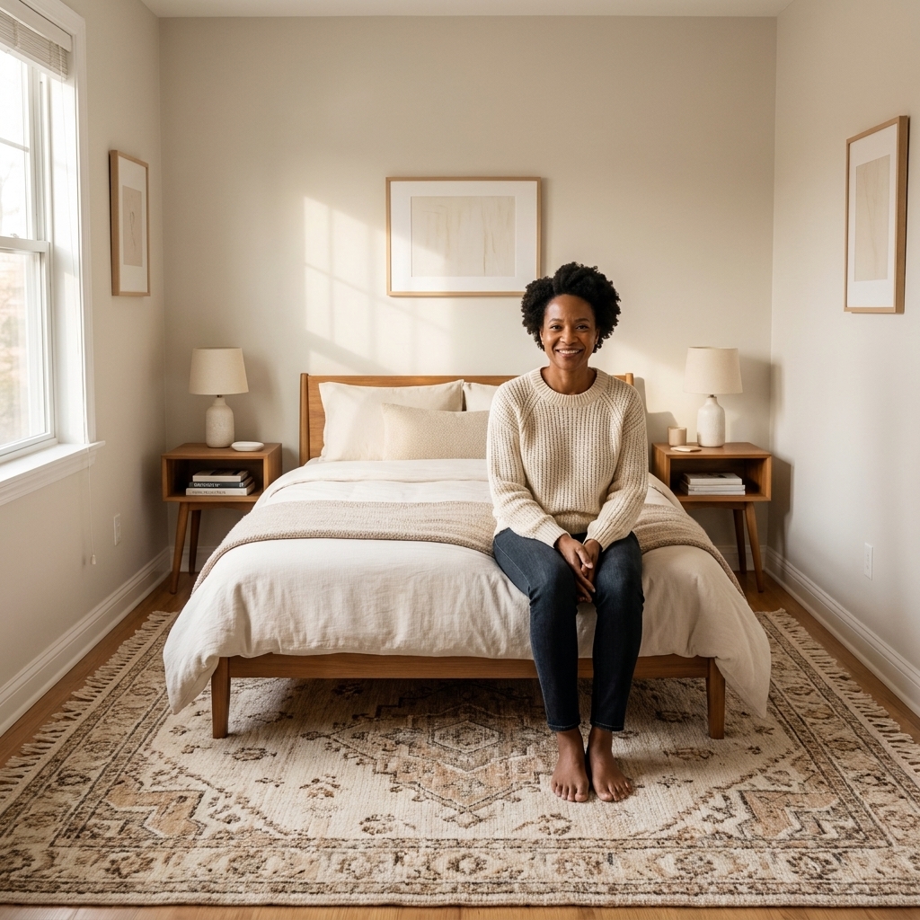 A small bedroom with a queen bed centered on a large rug that extends beyond the sides and foot, with nightstands sitting on the rug.