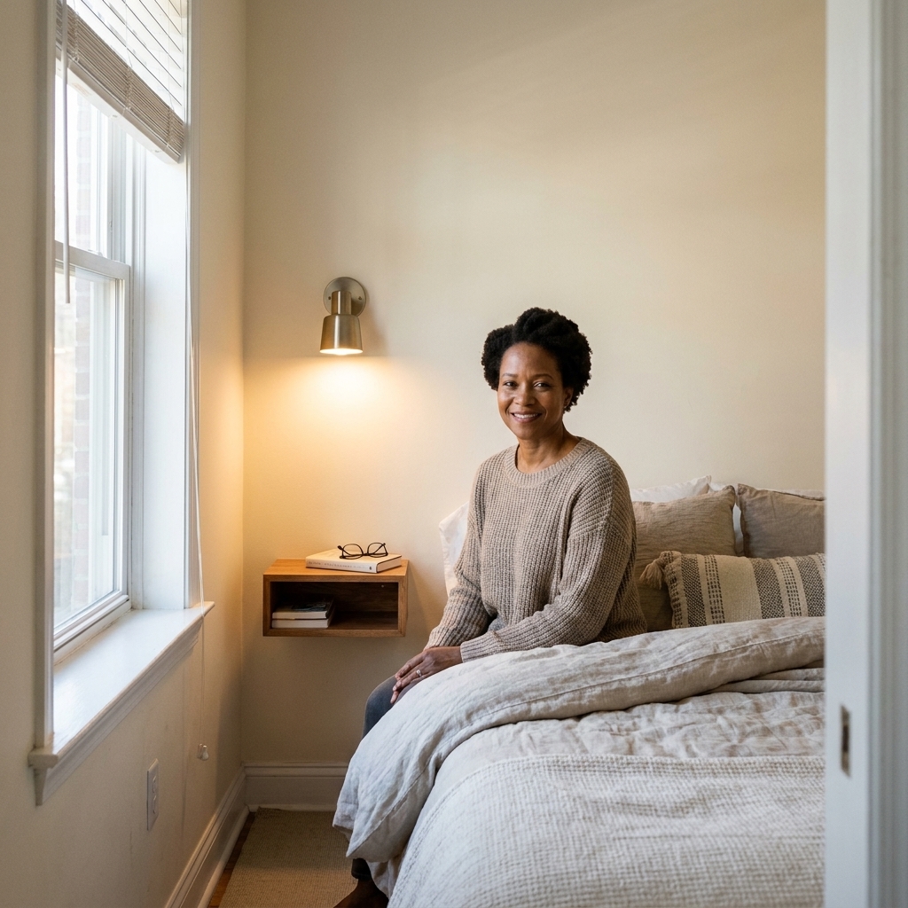 A small bedroom with a queen bed tucked into a corner, a narrow path along the open side, and a compact wall-mounted sconce above a small bedside shelf