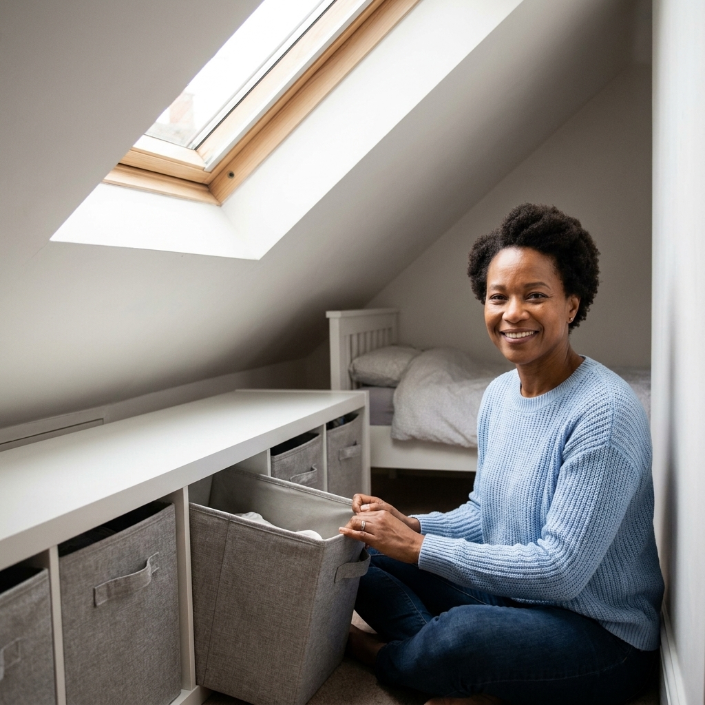 A small bedroom with a sloped ceiling and a low storage unit along the knee wall, using matching pull-out bins