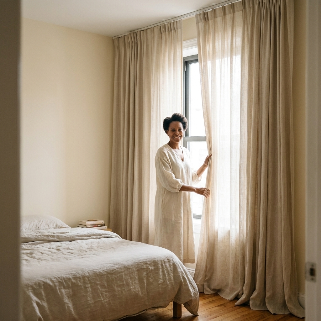 A small bedroom with curtain rods mounted close to the ceiling and long light linen curtains reaching the floor, making the window appear taller