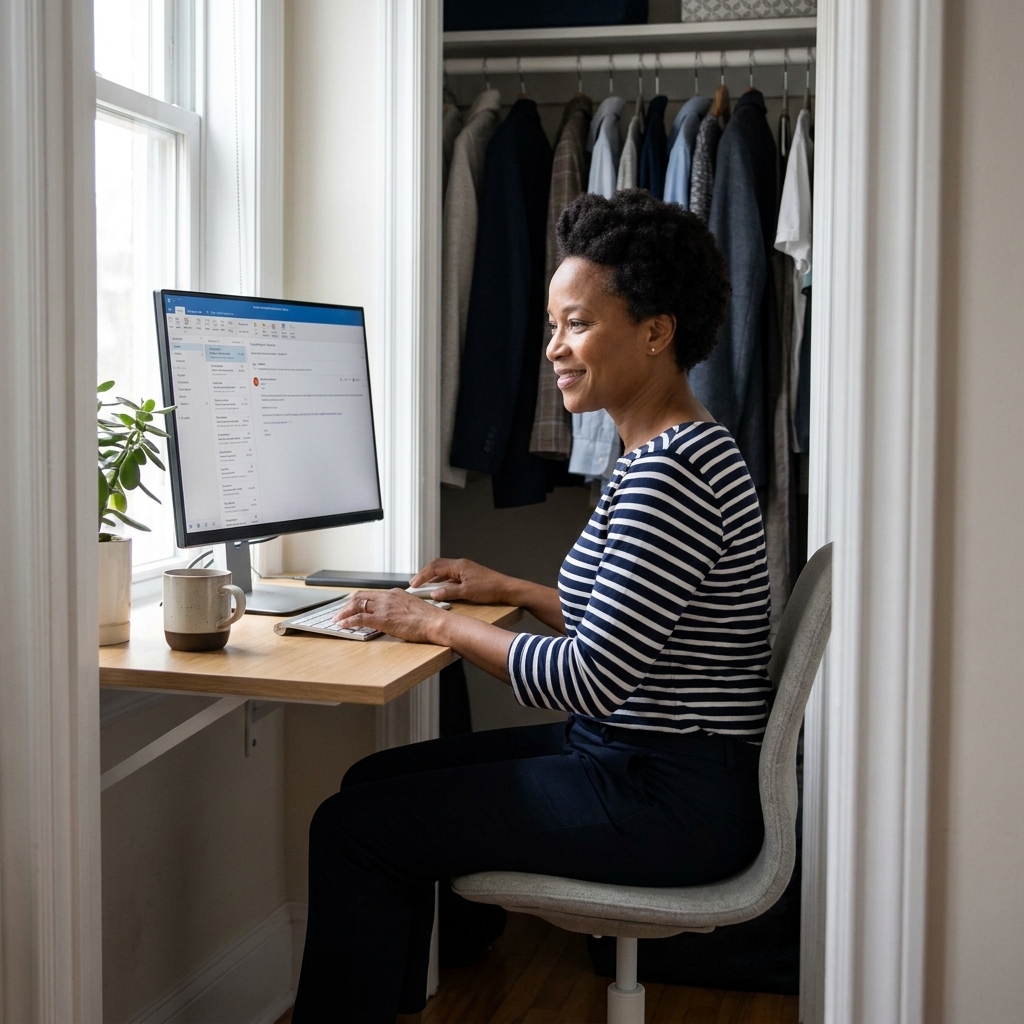A small closet office with a wall-mounted desk surface, a monitor on the desk, and a simple chair tucked underneath