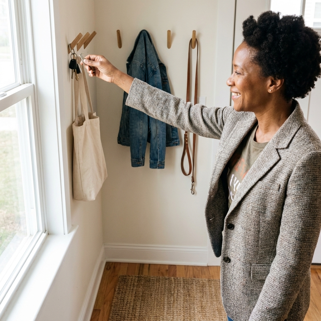 A small entry area with wall-mounted hooks holding a jacket, a canvas tote, and a dog leash, keeping the floor clear