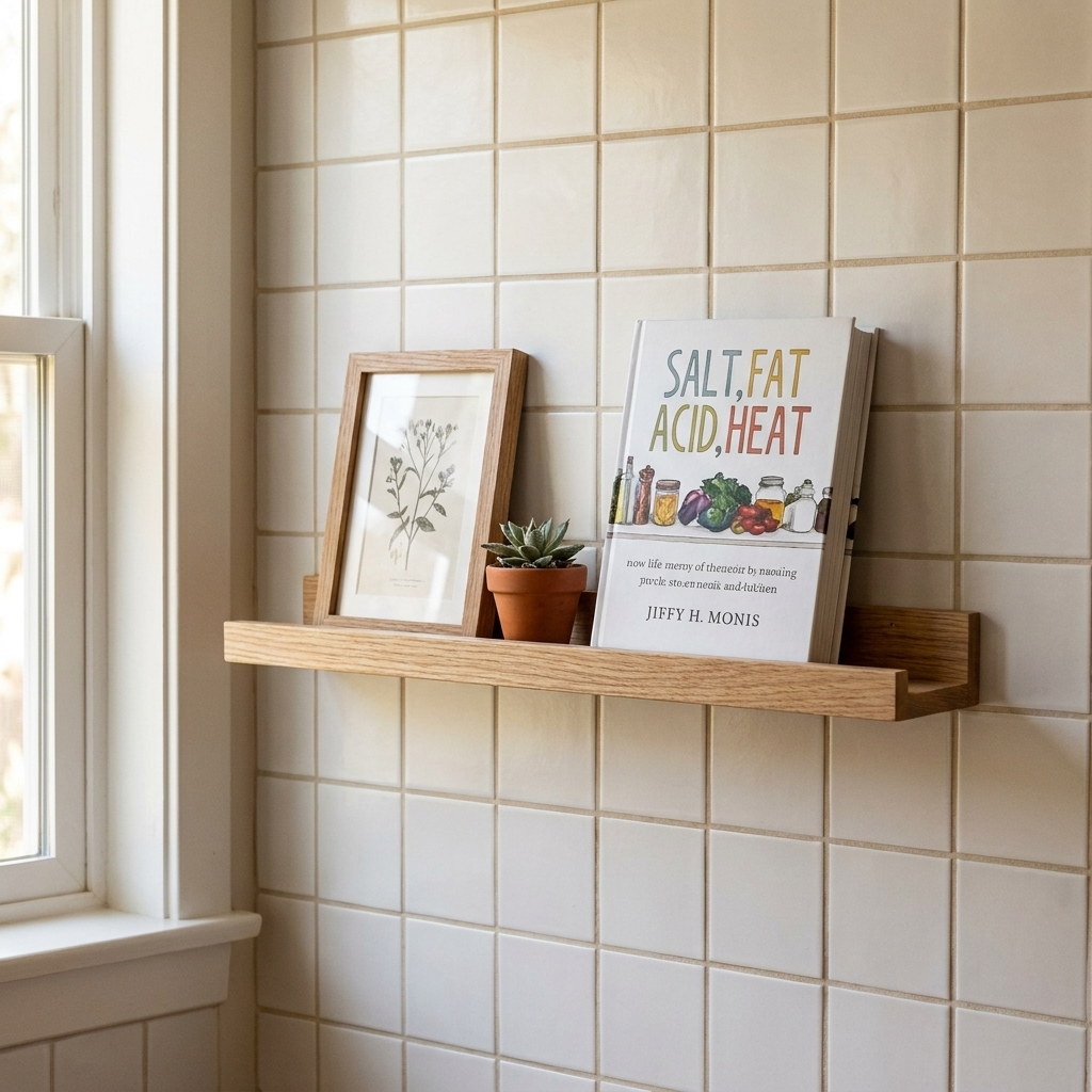 A small kitchen backsplash with a slim ledge shelf holding a small framed print, a tiny plant, and a single cookbook