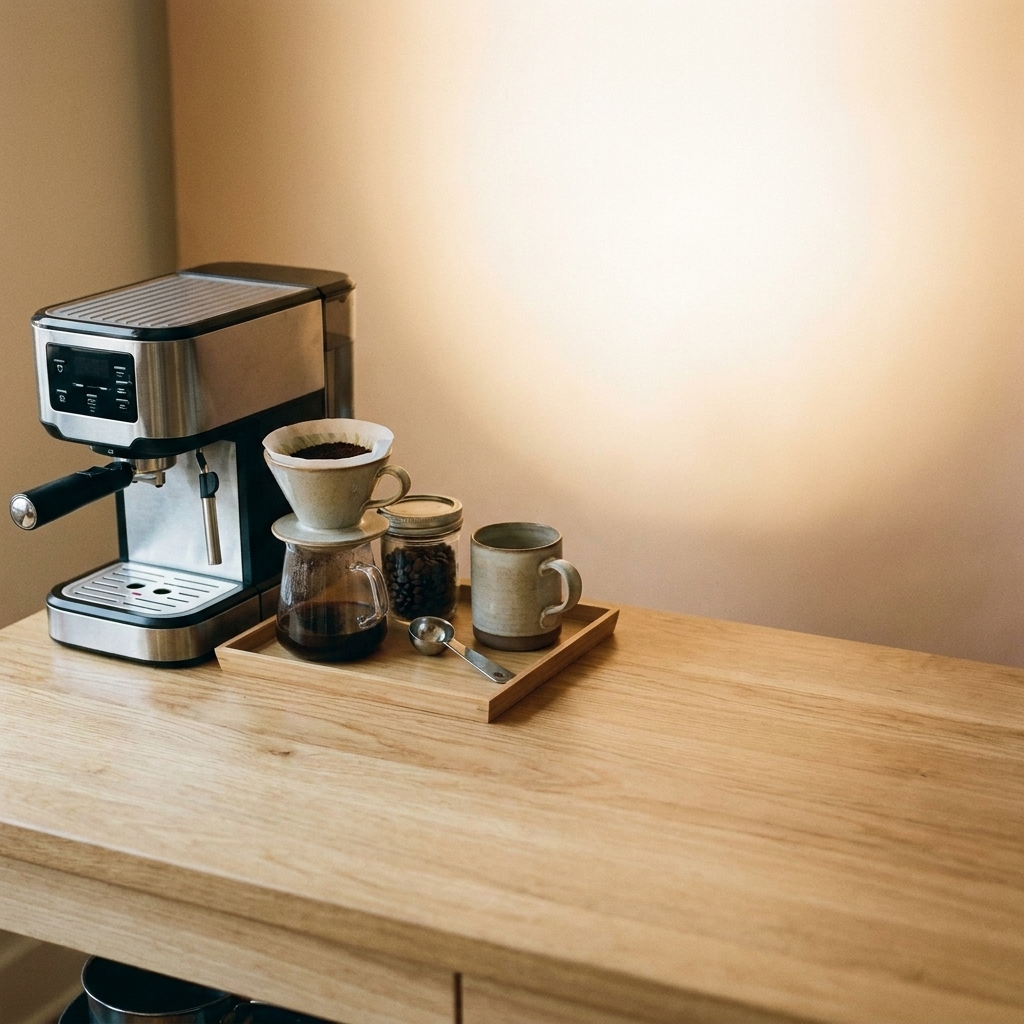 A small kitchen counter with a neat tray holding coffee essentials next to a compact appliance, leaving most of the counter clear