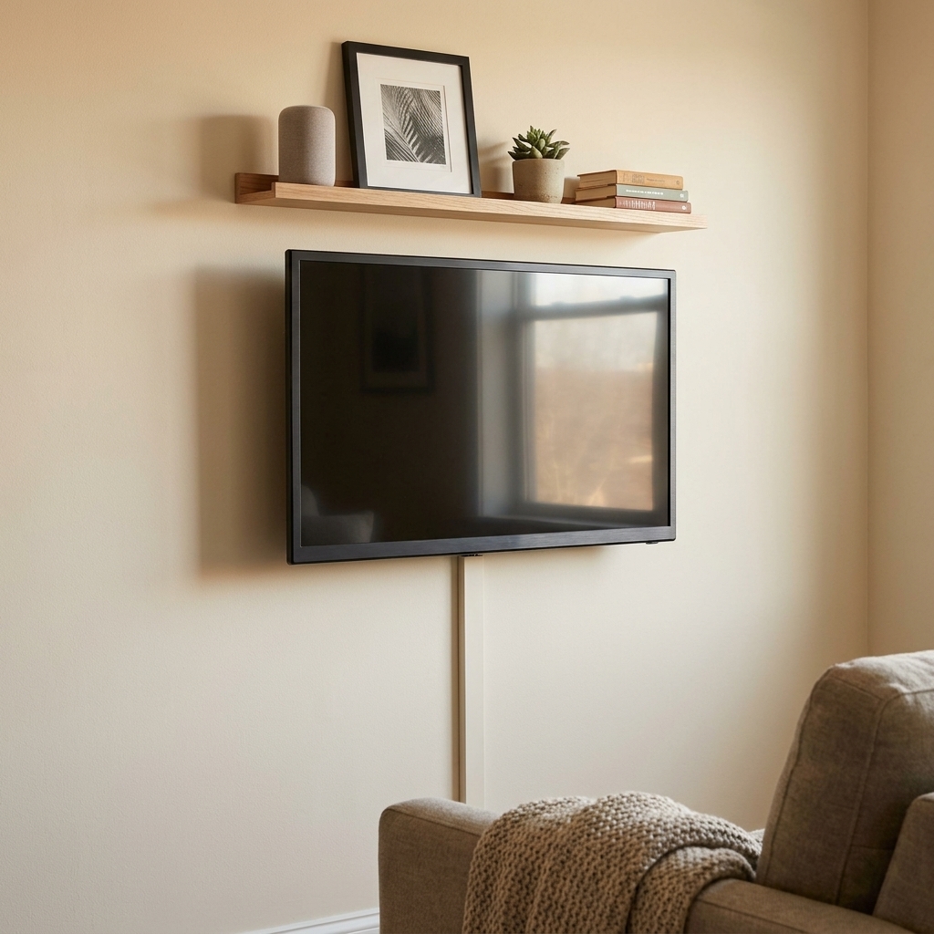 A small living room wall with a mounted TV and a slim picture ledge above it holding a small speaker and decor, with cords hidden along the wall