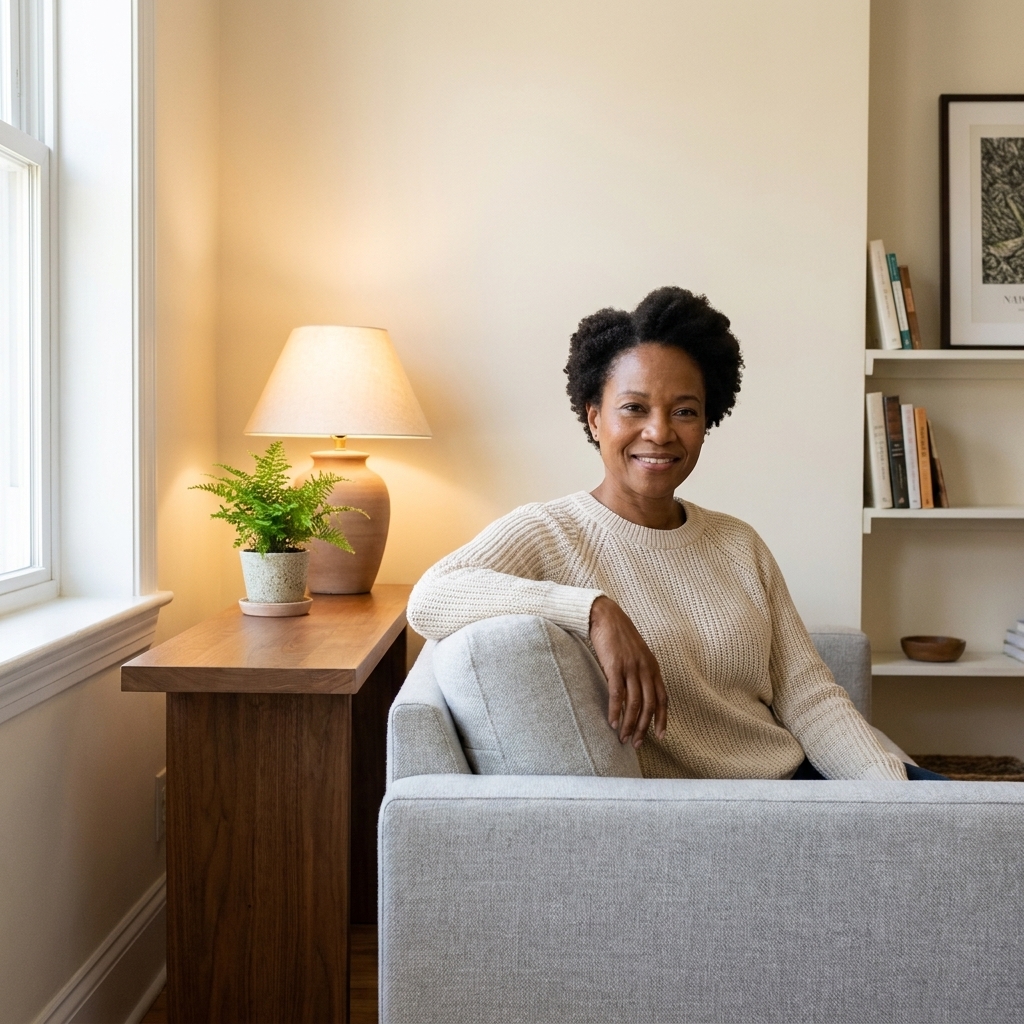 A small living room with a floating sofa and a narrow console table behind it holding a lamp and a small plant