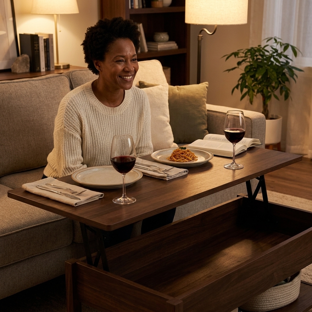 A small living room with a lift-top coffee table raised for dining, with two place settings and a sofa nearby