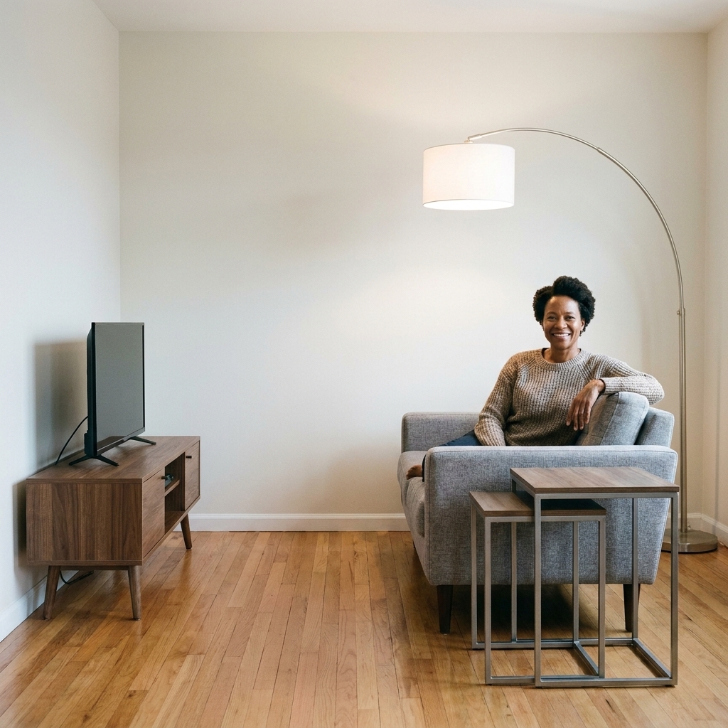 A small living room with a loveseat, a slim media console, nesting tables, and a floor lamp arranged with clear negative space