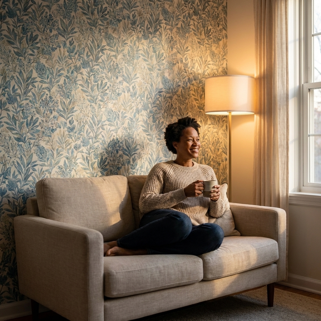 A small living room with a removable non-woven wallpaper accent wall behind a compact sofa, with clean seams and soft evening light
