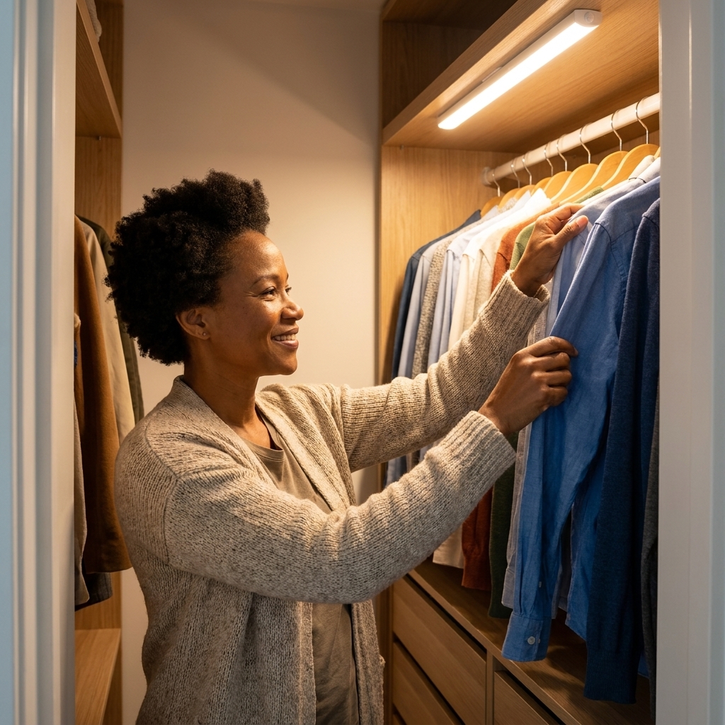 A small reach-in closet lit by a motion-sensor LED light, making hanging clothes and drawers clearly visible