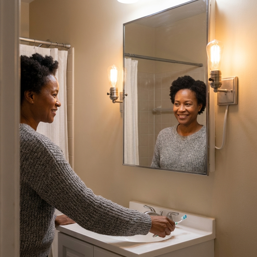 A small rental bathroom vanity with a plug-in wall sconce mounted beside the mirror, casting warm, even light