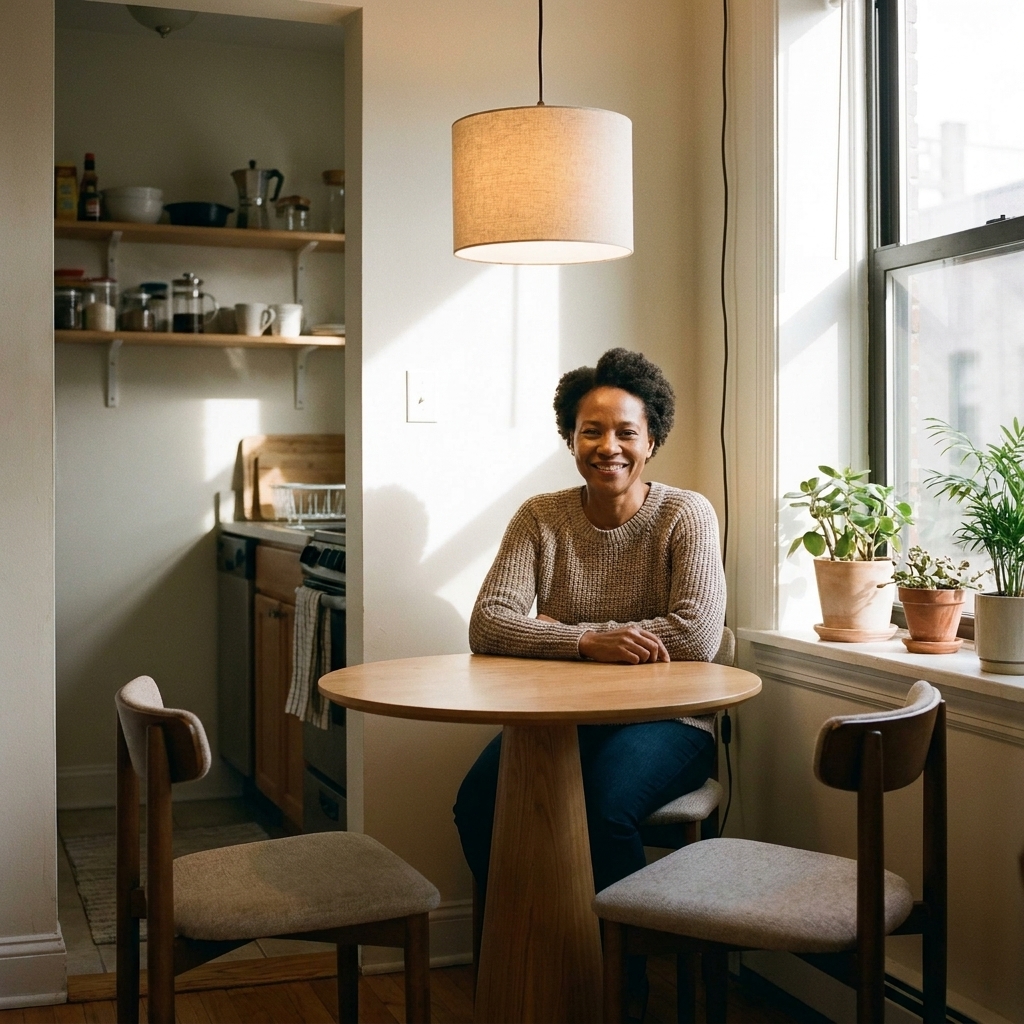 A small studio apartment dining nook with a round pedestal table, two compact chairs, and a pendant-style plug-in light above