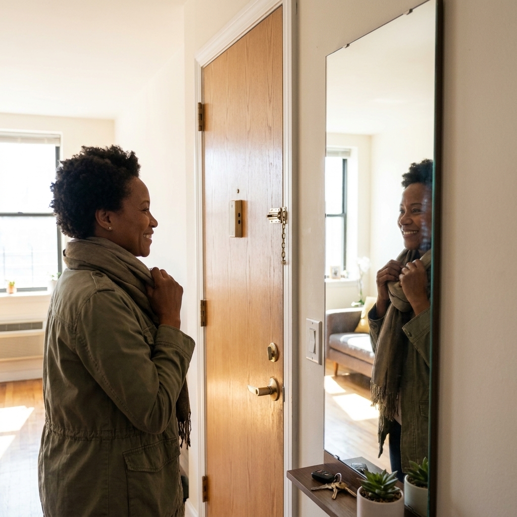 A small studio apartment entry area with a slim wall mirror near the door, reflecting light from the main room and making the narrow space feel wider