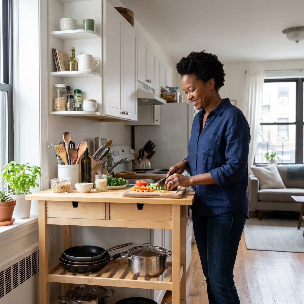 A small studio apartment single-wall kitchen with a light wood rolling cart positioned in front of the cabinets to create extra prep space