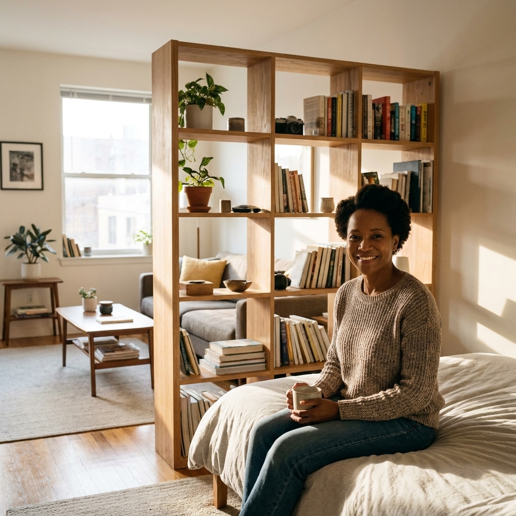 A small studio apartment where an open-back bookcase acts as a divider between a bed area and a living area, with light passing through the shelves