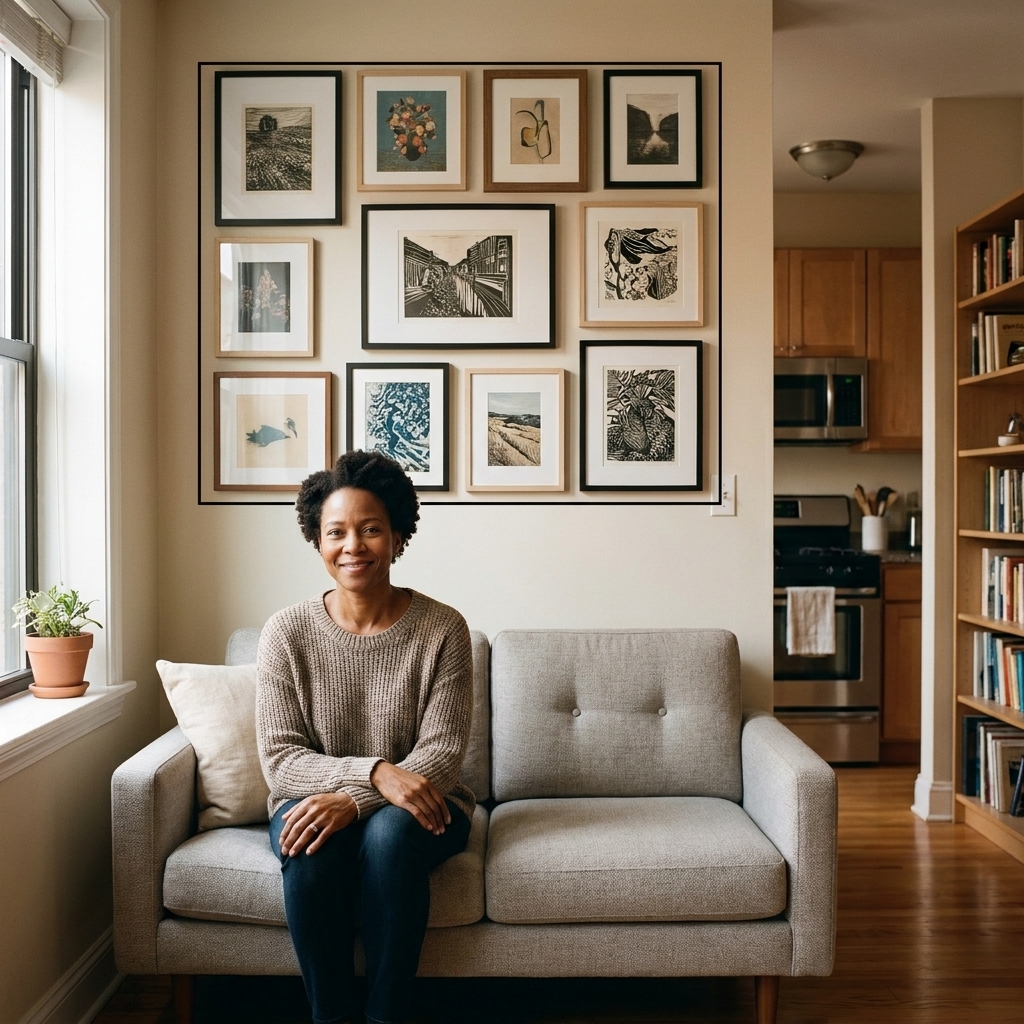A small studio apartment with a compact sofa and a rectangular gallery wall arranged above it, with a clear outer boundary and consistent gaps between frames.