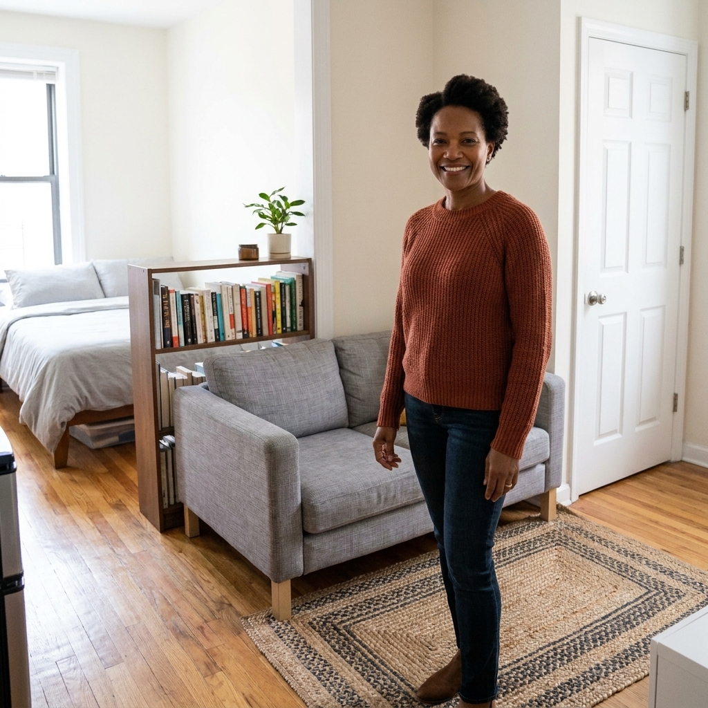 A small studio apartment with a compact sofa creating a subtle separation from the bed area, with a rug anchoring the seating zone and a clear pathway to the door.