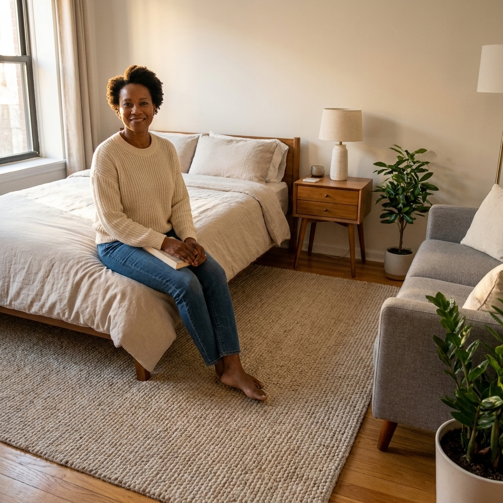 A small studio bedroom zone with a bed partially on a neutral area rug, creating a clear sleeping area boundary next to a compact living space