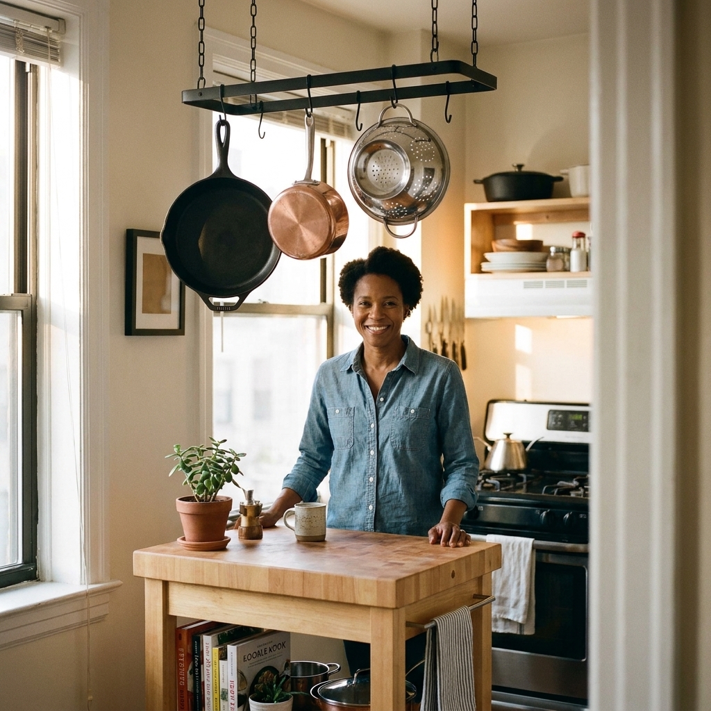 A small studio kitchen with a simple ceiling-mounted pot rack holding two pans and a colander above a compact rolling island.