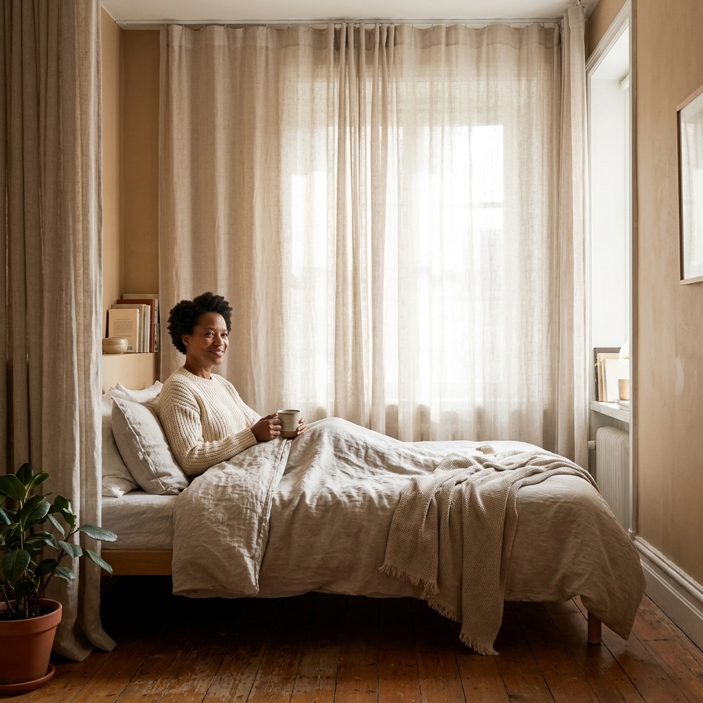 A studio apartment bed tucked behind floor-to-ceiling curtains on a ceiling track, creating a cozy sleeping nook while daylight filters into the room