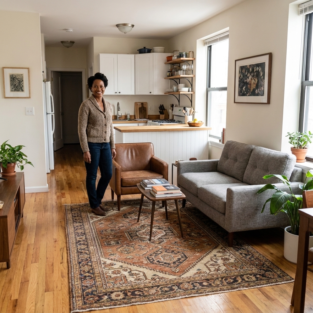 A studio apartment where a rug defines a floating seating area with a loveseat and chair, leaving a clear walkway along the wall toward the kitchen