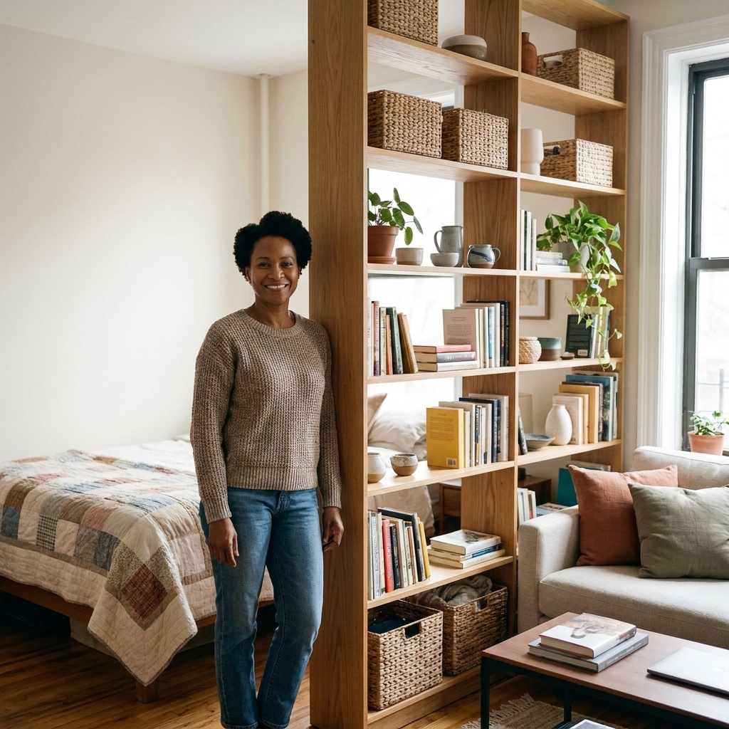 A studio apartment where an open bookshelf divides the bed area from the living area, with baskets and books styled on the shelves