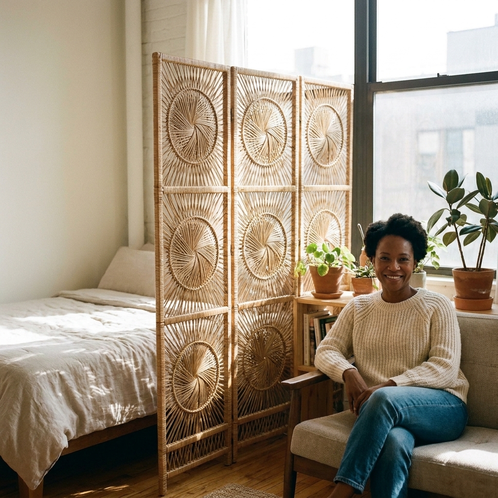 A studio apartment with a rattan folding screen placed between a bed and a small sofa, allowing sunlight to pass through while creating privacy