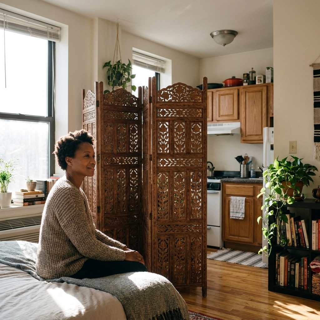 A studio apartment with a wooden folding screen positioned near the bed to create privacy, with daylight coming in from a nearby window