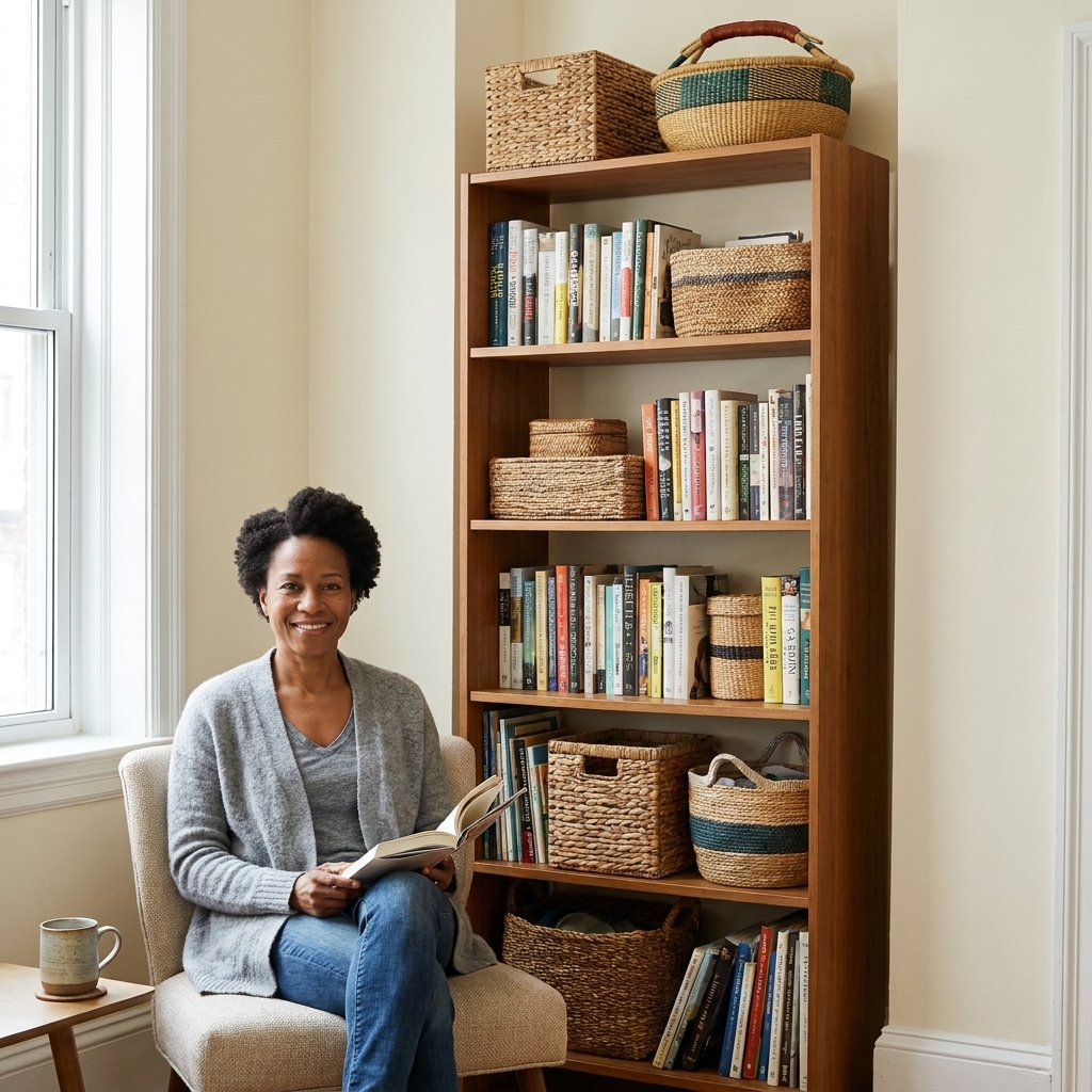 A tall, narrow freestanding bookshelf against a light-colored wall in a small living room, filled with books and woven baskets, with a small armchair nearby