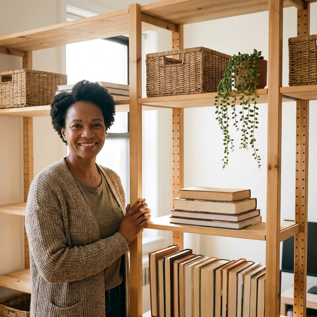 A tall open shelving unit dividing a studio apartment, with baskets and books styled neatly and a small plant on an upper shelf